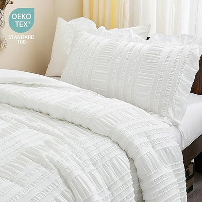 WONGS BEDDING Comforter Full Size, White Ruffle Comforter for Dorm Room Essentials for Full Bed, Soft Seersucker Textured Bedding Set Full Size Comforter Sets for Girls 90"×78"