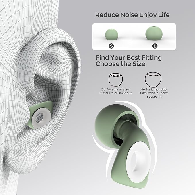 Dison Ear Plugs for Sleeping, Reusable Earplugs for Noise Reduction Silicone Hearing Protection Ear Plugs with 6 Ear Tips Green