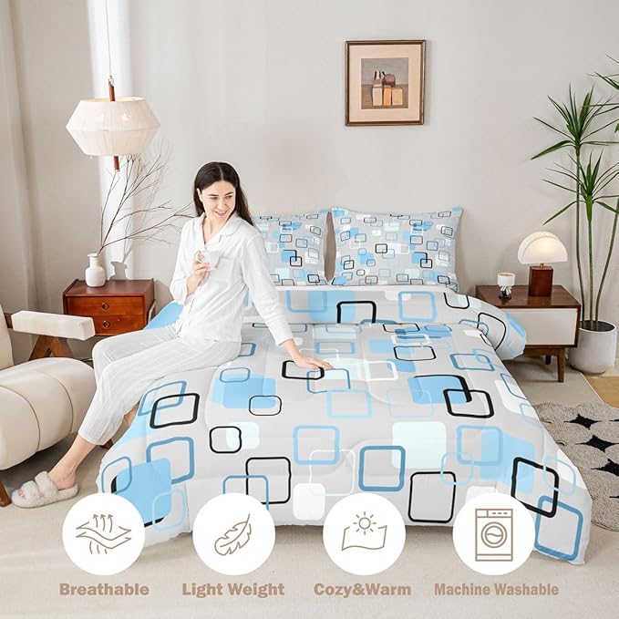 Erosebridal Cool Blue Geometric Square Kids Comforter Sets Abstract Minimalist Stripes Queen Bedding Set for Girls Boys Modern Plaid Comforter Set Checkered Aesthetic Quilt Duvet 3 Pcs