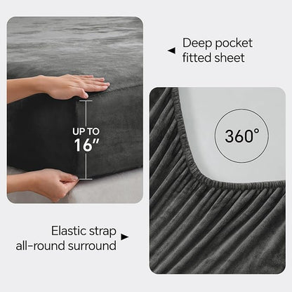 BEDELITE Flannel Sheets King Size Dark Grey - Super Soft Fleece Sheets Set Fluffy Extra Plush, 4 Piece(Include Fitted Sheet, Flat Sheet, 2 Pillowcases)