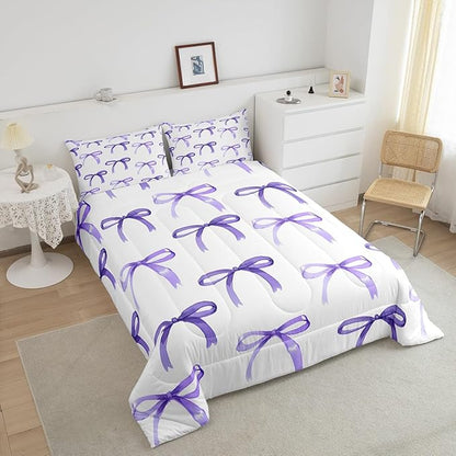 Feelyou Bow Bedding Set Boys Girls Queen Size Purple Girls Bow Comforter Set Ultra Soft Cute Bowknot Comforter Lovely Duvet Set