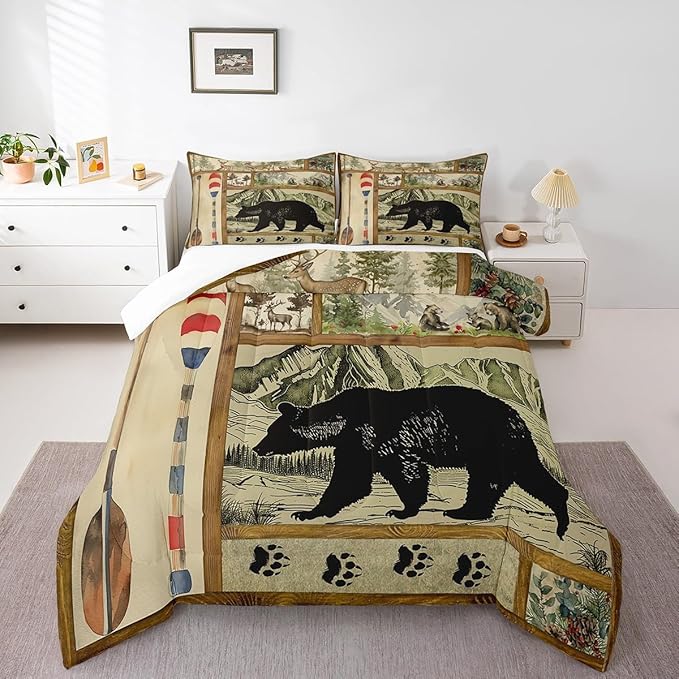 Rustic Farmhouse Comforter Set Twin, Retro Hunting Bear Bedding Comforter Sets for Kids Boys, Lake House Decor Bedding for The Home, Cabin Lodge Paddle Decor Down Comforter, Moose Wildlife Duvet Set
