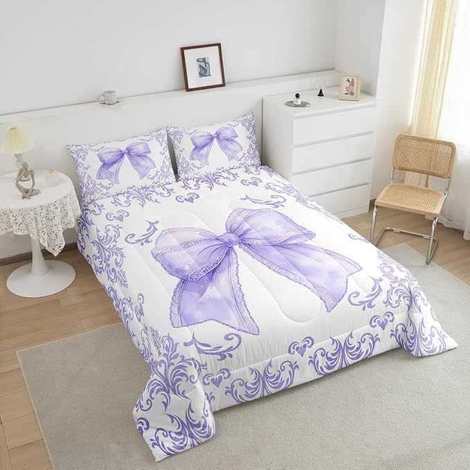 jejeloiu Girls Pretty Ribbon Purple Bow Bedding Set King Size Purple Damask Comforter Set for Kids Women Cute Bow Duvet Set Princess Quilt Set 3Pcs