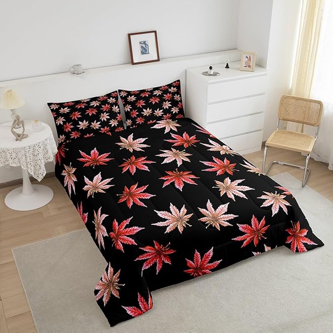 Erosebridal Red Leaves Comforter Set Toddler, Leaves Bedding for Women Adults,Tropical Botanical Bedding Comforter Sets,Exotic Plant Down Comforter with 1 Pillow Case