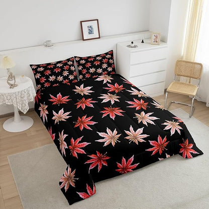 Erosebridal Red Leaves Comforter Set Toddler, Leaves Bedding for Women Adults,Tropical Botanical Bedding Comforter Sets,Exotic Plant Down Comforter with 1 Pillow Case