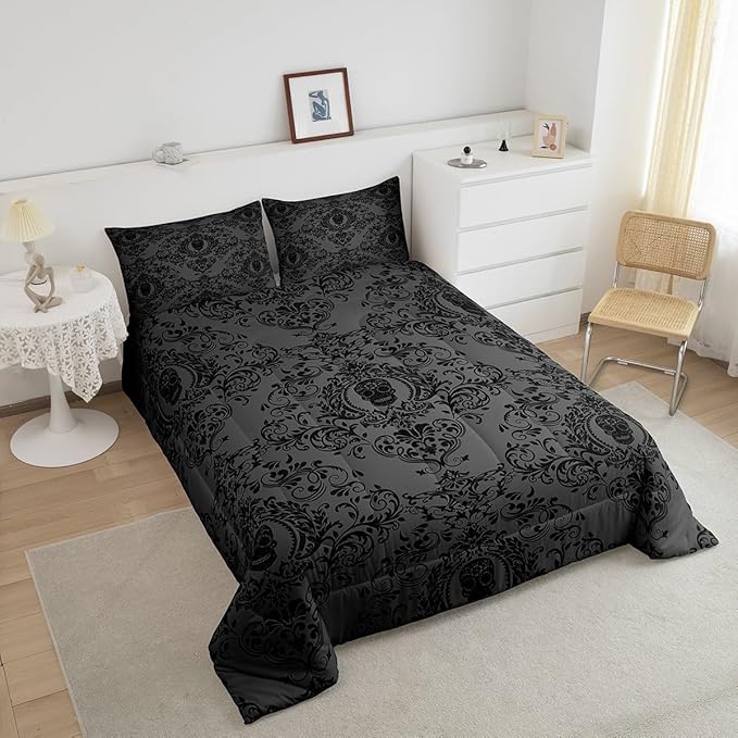 Feelyou Adults Black Vintage Damask Floral Comforter Set Oriental Antique Comforter Queen Size Gothic Bohemia Boho Bedding Set Exotic Sugar Skull Duvet Set Quilt Set 3Pcs