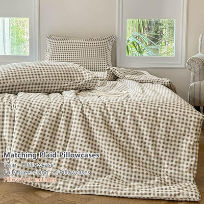 NSNLGSGC Tan Gingham Cotton Comforter Set Queen, 100% Washed Cotton Taupe Plaid Checked Comforter Bedding, 3 Pieces Vintage Farmhouse Grid Bedding Set(Tan Gingham, Queen)