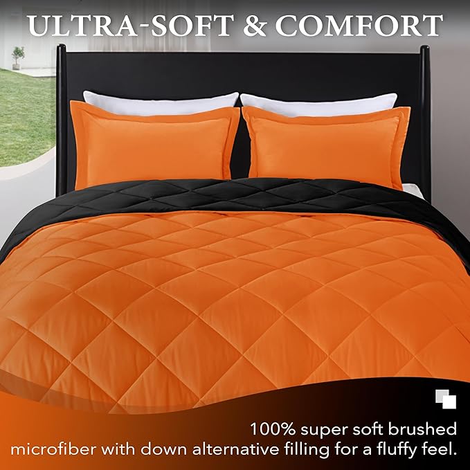 downluxe Queen Comforter Set - Orange and Black Queen Comforter, Soft Bedding Sets for All Seasons -3 Pieces - 1 Comforter (88"x92") and 2 Pillow Shams(20"x26")