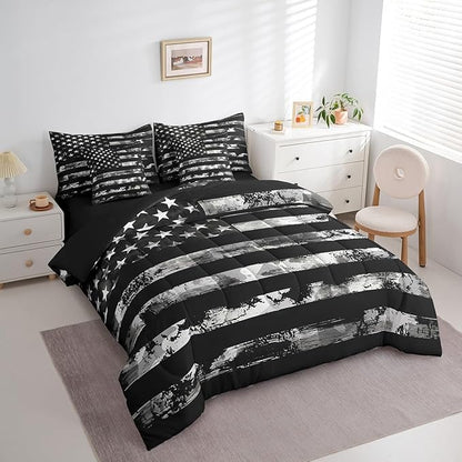 Erosebridal 7 Pcs Black Camo Comforter Set Full Size,Camouflage American Flag Bed in a Bag with Flat Fitted Sheet for Kids and Adults,Retro USA Flag Bedding Set with Pillowcases and Cushion Cases