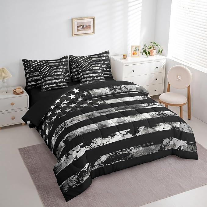 Erosebridal 7 Pcs Black Camo Comforter Set King Size,Camouflage American Flag Bed in a Bag with Flat Fitted Sheet for Kids and Adults,Retro USA Flag Bedding Set with Pillowcases and Cushion Cases