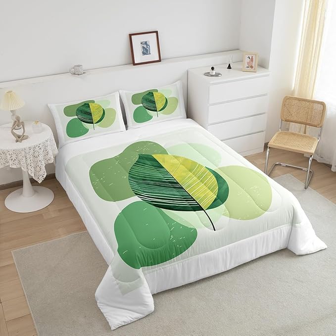 Erosebridal Green Modern Bedding Set Queen Mid Century Comforter Set, Hippie Minimalist Duvet Insert Abstract Leaves Down Comforter, Aesthetic Geometric Bedding Comforter Sets White Bedroom Decoration