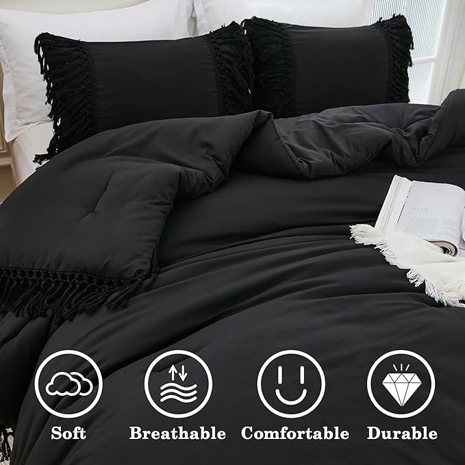 Andency Black Comforter Set California King, 3 Pieces Boho Tassel Lightweight Soft Bedding Comforter Sets for King Bed, All Season Fluffy Fringe Bed Set (104x96In Comforter & 2 Pillowcases)