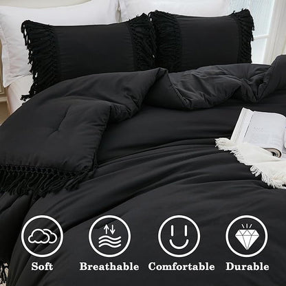 Andency Black Comforter Set King, 3 Pieces Boho Tassel Lightweight Soft Bedding Comforter Sets for King Bed, All Season Fluffy Fringe Bed Set (104x90In Comforter & 2 Pillowcases)