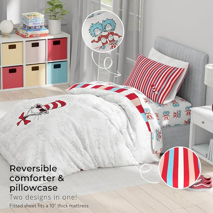 Dr. Seuss Cat in The Hat Kids Bedding, 7 Piece Full Bed Set, Soft Cozy Reversible Comforter and Sheet Set with Sham, Officially Licensed Product by Franco
