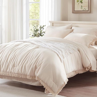 Anluoer Queen Boho Comforter Set 7 Piece with Tassel Lightweight Soft Fringe Bedding Sets with 1 Comforter, 2 PillowShams, 2 Pillowcases, 1 Flat Sheet, 1 Fitted Sheet in Beige