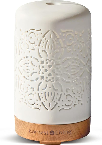 Earnest Living Essential Oil Diffuser White Ceramic Diffuser 100 ml Timers Night Lights and Auto Off Function Home Office Humidifier Aromatherapy Diffusers for Essential Oils