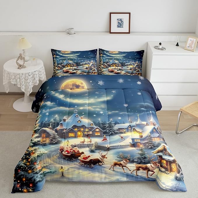 Christmas Santa Claus Comforter Set Queen Size,Xmas Tree Elk Sledge Bedding Set 3Pcs,Winter Rustic Country Quilt Set Kids Girls Boys Room Decor,Night Snow Scenery Duvet Insert,2 Pillowcases