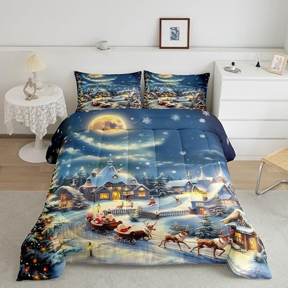 Christmas Santa Claus Comforter Set Queen Size,Xmas Tree Elk Sledge Bedding Set 3Pcs,Winter Rustic Country Quilt Set Kids Girls Boys Room Decor,Night Snow Scenery Duvet Insert,2 Pillowcases