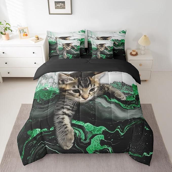 Erosebridal Green Marble Cat Bedding Set Full Watercolor Marble Ink Fluid Bed in A Bag Luxury Modern Marbling Comforter Sets with Sheets Retro Artwork Style Aesthetic Bed Set(Green, Full)