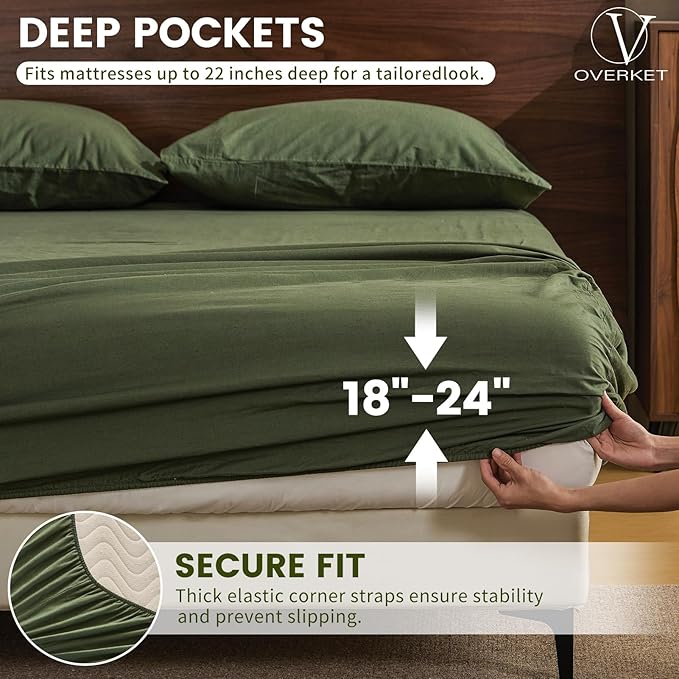 100% Linen Sheet Set Queen Size Extra Deep Pocket Fits 18-24 Inch Mattress, Breathable & Soft, Smooth 6-Piece Set for Thick Mattresses Hotel Luxury Bedding（Queen, Forest Green）