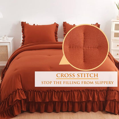 Masaca Terracotta Ruffled Comforter King Size,Shabby Burnt Orange Chic Farmhouse Bedding Lightweight Fluffy Ruffle Bed Comforter Aesthetic Rustic Bed Set 3 Pieces