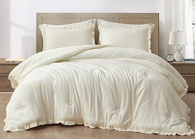 Chezmoi Collection Nora Ivory Comforter Set Full Size 3-Piece Fluffy Soft Stone-Washed Ruffled Shabby Chic Bedding for All Season