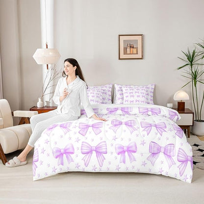 Erosebridal Kids Girls Purple Bowknot Bow King 7-Piece Comforter Set | Starry Sheets and Pillowcases Princess Dreamy Bed in A Bag Kawaii Cute Bed Sets