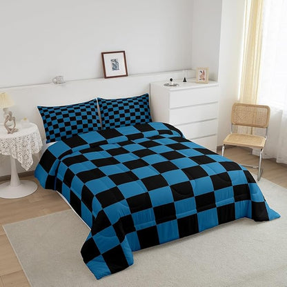 Feelyou Checkered Bedding Set Teen Women Men Blue Black Plaid Comforter Set Full Size Kids Boys Girls Cute Retro Neutral Checkerboard Geometric Duvet Insert Vintage Aesthetic Room Decor