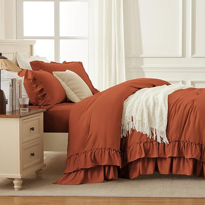 Andency Terracotta Full Size Comforter Set (79x90Inch), 3 Pieces Fluffy Farmhouse Shabby Chic Ruffle Bedding Sets, All Season Soft Lightweight Bed Set, Burnt Orange