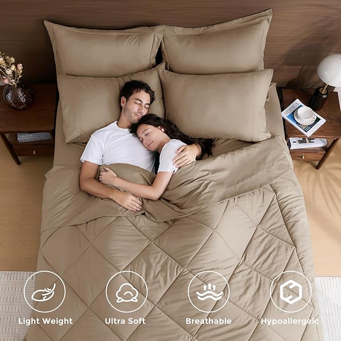 HEVUMYI Khaki Full Comforter Set - 7-Piece All Season Bed in a Bag Full, Ultra Soft Bedding Set with Comforter, Flat Sheet, Fitted Sheet, Pillowcases, Pillow Shams
