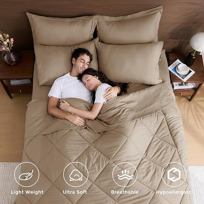 HEVUMYI Khaki King Comforter Set - 7-Piece All Season Bed in a Bag King, Ultra Soft Bedding Set with Comforter, Flat Sheet, Fitted Sheet, Pillowcases, Pillow Shams