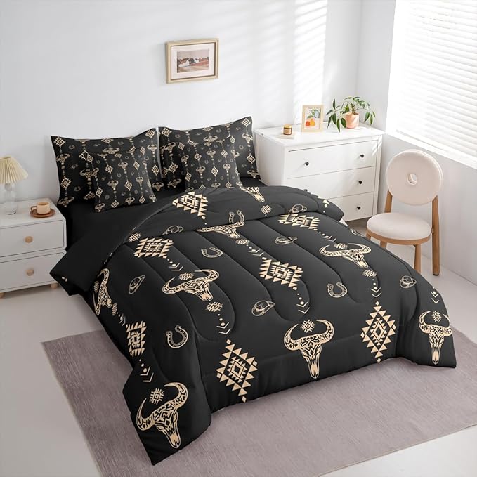 Erosebridal Aztec 7 Piece Bedding Set Full Bull Skull Comforter Set with Sheets Western Arrow Cowboy Hat Dot Black Bed in a Bag Southwest Horseshoe Geometric for Teens Men Women