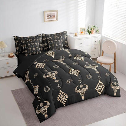 Erosebridal Aztec 7 Piece Bedding Set Queen Bull Skull Comforter Set with Sheets Western Arrow Cowboy Hat Dot Black Bed in a Bag Southwest Horseshoe Geometric for Teens Men Women