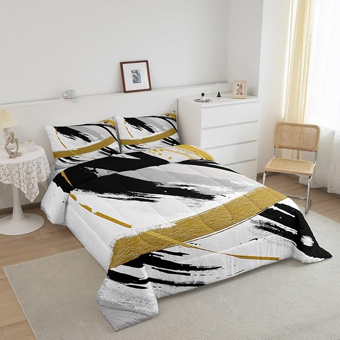 Black Grey Gold Bedding Set Twin Brush Strokes Oil Painting Comforter Set, Gradient Abstract Vintage Duvet Insert Ombre Graffiti Quilt Comforter, Contemporary Modern Bedding Comforters & Sets