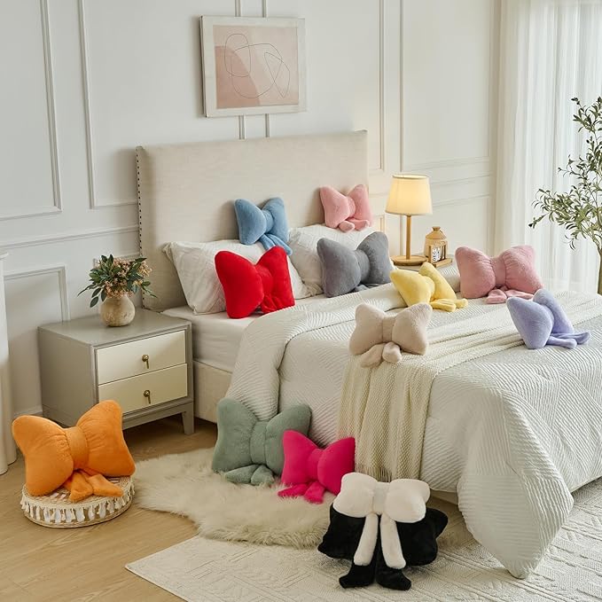 Xuyier Bow Pillows, Bow Shaped Decorative Throw Pillows for Couch Bed, Aesthetic Cute Home Decor Accent Pillows (Beige, Large-16 Inches)
