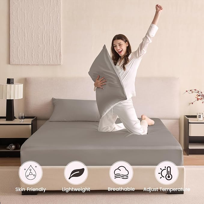 THXSILK 6A+ Top Grade 100% Pure Mulberry Silk Cal. King Fitted Sheet 3Pcs Set Bed Sheets Luxury Bedding for Hair and Skin Cooling Soft Durable, 1 Fitted Sheet with 2 Pillowcases, Grey