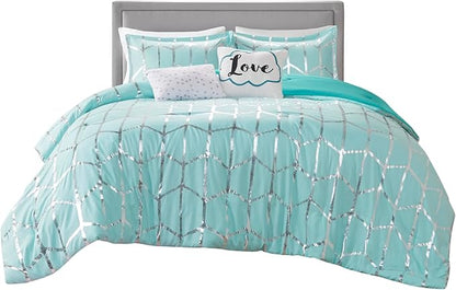 Intelligent Design Raina King / Cal King Comforter Set, Soft Microfiber Comforter Set King, Modern Geometric Metallic Bed Set, 5 Pieces College Bedding Comforter Set with 2 Shams, 2 Toss Pillows Aqua