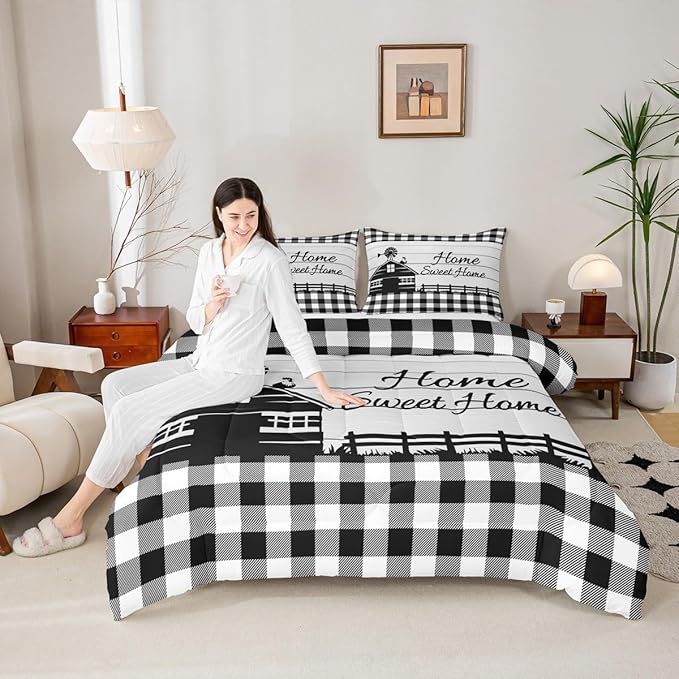 Rustic Cabin Comforter Set Twin Country Farmhouse Bedding Set Black White Buffalo Plaid Check Bedding Comforter Sets For Kids Boys Girls Farm Animal Windmill Quilt Set Western Decor 1 Pillow Case
