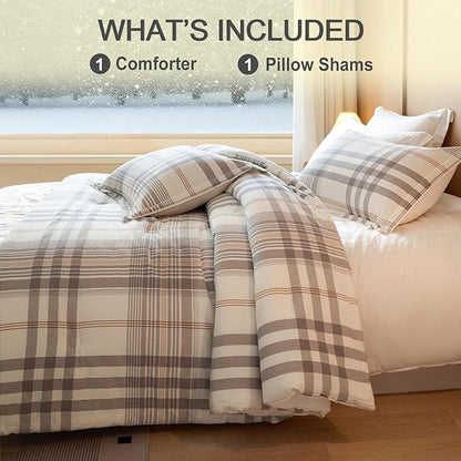 100% Cotton Comforter Set Twin Size – Reversible Yarn-Dyed Checkered Design, Soft Washed Cotton on Both Sides, Lightweight All-Season Bedding, Machine Washable(Grey White Plaid, 68”x90”)