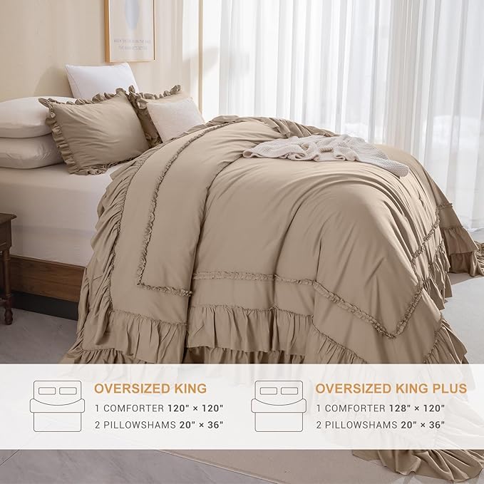 Masaca Ruffled Oversized King Comforter 128x120,3 Pieces Vintage Farmhouse Shabby Bedding Set Lightweight Ultra Soft French Country Light Taupe Bedding (1 Ruffle Comforter +2 Pillowcases)