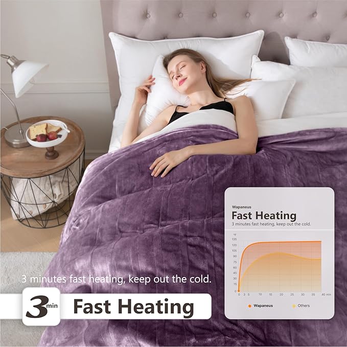 Wapaneus Heated Blanket Electric Blanket 62" x 84" Twin Size with 10 Heating Levels and 12 Hours time Settings, Flannel Fast-Heating Electric Blanket, ETL Listed, Machine Washable, Purple