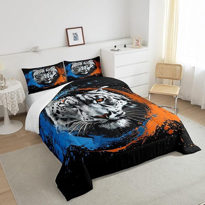 Manfei Tiger Comforter Set for Kids Adults,Jungle Wildlife 3D Animals Bedding Comforter Sets Full,Watercolor Blue Orange Taekwondo Graffiti Quilt Comforter with 2 Pillowcases