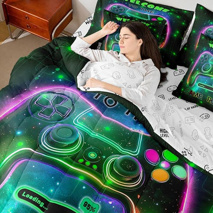 jejeloiu Cool Gamer 7 Piece Bedding Set King Size for Boys 3D Gaming Comforter Set with Sheets Kids Teens Bright Green Bed in a Bag Modern Game Console Bed Set