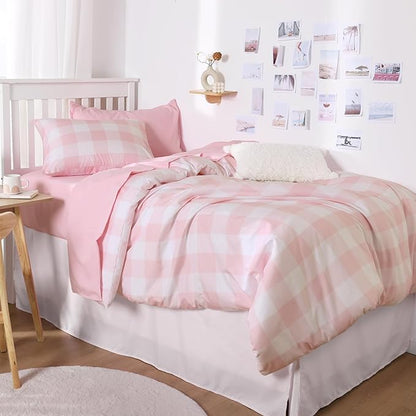 Wake In Cloud - Gingham Comforter Set, Plaid Buffalo Check Checkered Cottagecore Cute Geometric, Soft Lightweight Bedding, 3 Pieces, Pink, Twin/Twin XL Size