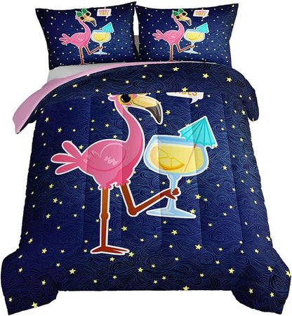 HOSIMA Flamingo Bedding Comforter Full Size,Holiday Style Flamingo and Stars Printed Comforter for Women Home Decor,Fluffy Full Size Comforter Set for Girls Teens Women with 2 Pillowcases.