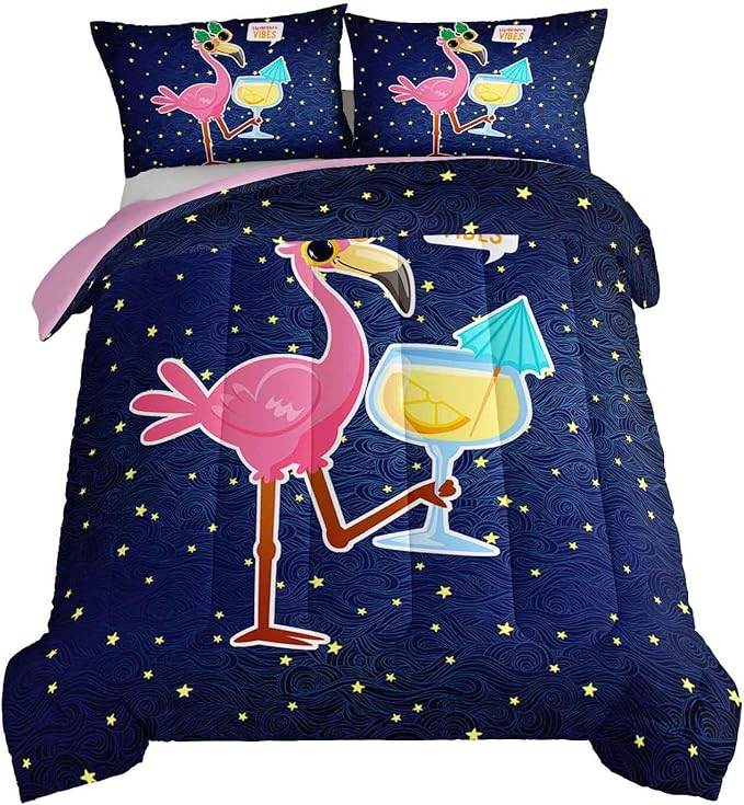 HOSIMA Flamingo Bedding Comforter Queen Size,Holiday Style Flamingo and Stars Printed Comforter for Women Home Decor,Fluffy Comforter Set for Girls Teens Women with 2 Pillowcases.