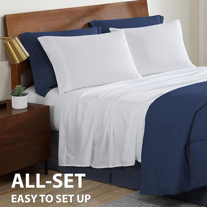 Cathay Home Basic Bedding Home Essential Ultra Soft Lightweight 8PC Wrinkle Resistant Microfiber Bed in a Bag Set (Includes Complete Sheet Set, Comforter Set & Bedskirt) - Full, Indigo