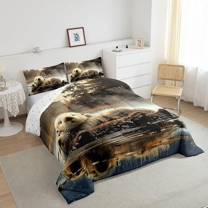 Manfei Sea Otter Bedding Comforter Sets Twin,Wildlife Otter Couple Swimming Bedding Set for Bedroom Decoration,Cute Otter Jungle Adventure with 1 Comforter and 1 Pillow Case Bedroom Decor