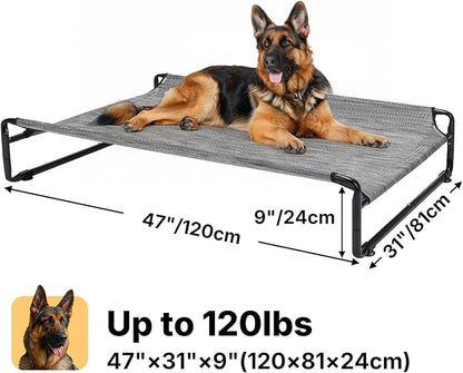 Veehoo Raised Dog Beds for Large Dogs, Washable Dog Cot with Headrest Sides, Outdoor Elevated Dog Bed with Non-Skid Feet, Breathable Mesh, Cooling Pet Hammock for Indoor or Camping, 49", Black Silver