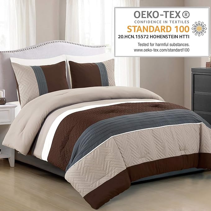 WPM 3 Piece Modern Design Queen Comforter Set. Multicolor Grey/Coffee Brown/Beige Taupe Color All Season Down Alternative Bedding Decor- Leni (Queen)